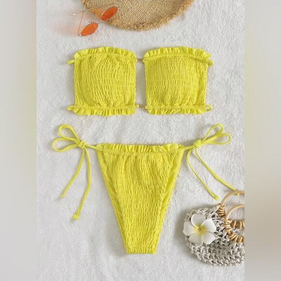 Yellow Lettuce Trim Strapless Bandeau String Bikini Size SMALL - Picture 2 of 6